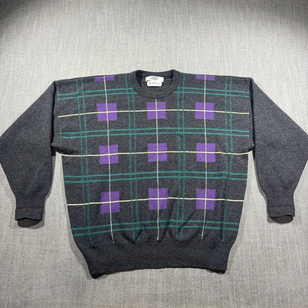 Vintage I Magnin Sweater Mens‎ XL Gray Plaid Lambswool Knit Crewneck Scotland